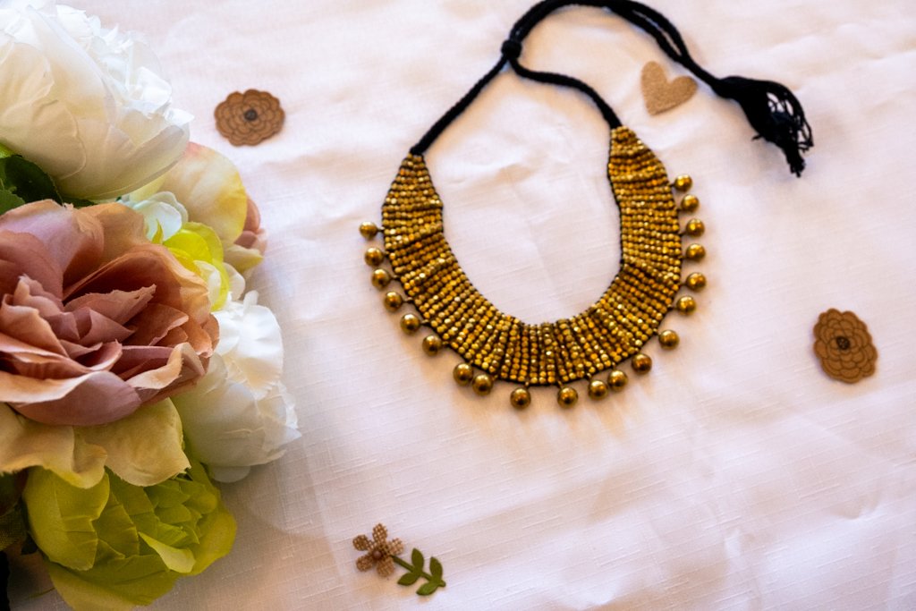 Handmade Dhokra Layered Brass Bead Necklace – Black Cord