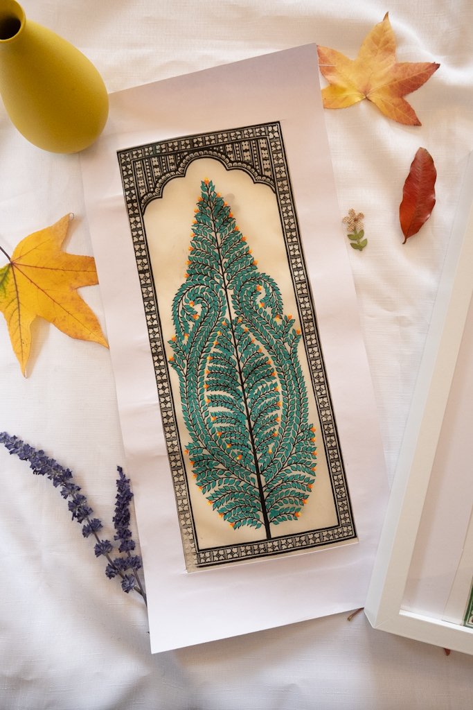 Handmade Pattachitra Painting – Intricate Green Leaf Motif with Orange Accents