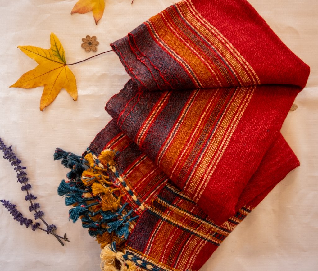 Handwoven Bhujodi Wool Throw – Deep Red with Multicolour Kutch Motifs & Tassels