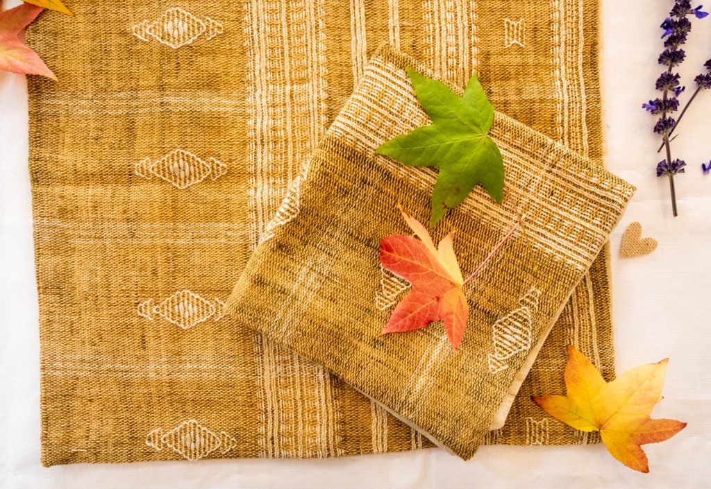 Handwoven Bhujodi Wool Cushion Cover – Earthy Ochre with White Kutch Motifs