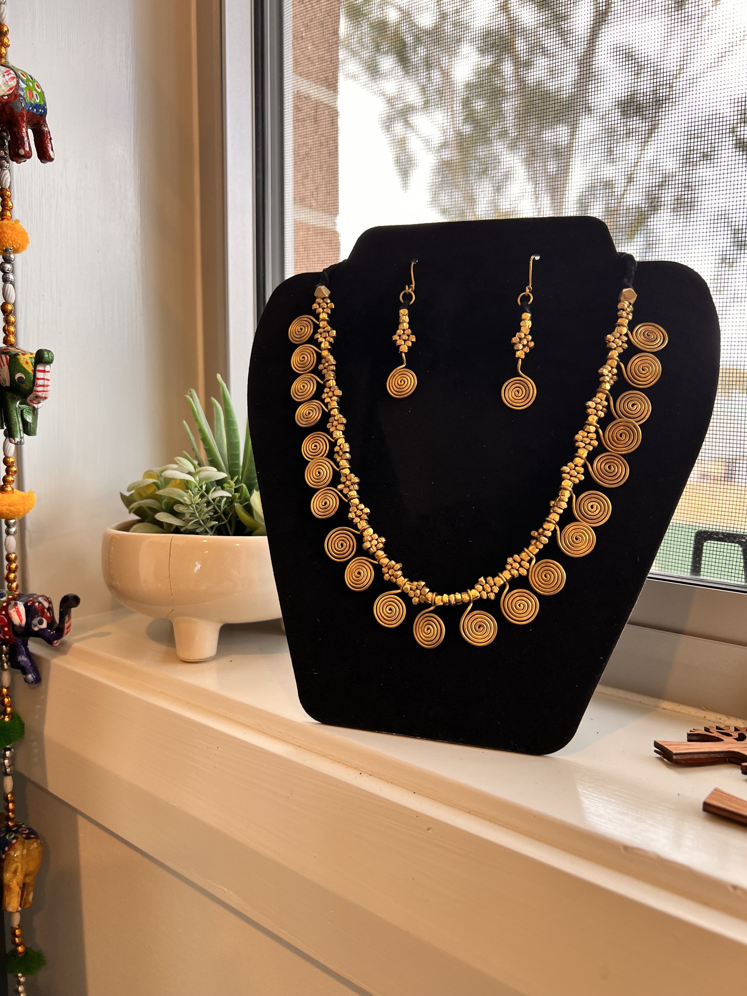 Handmade Dhokra Spiral Necklace and Earring Set – Brass Jewellery
