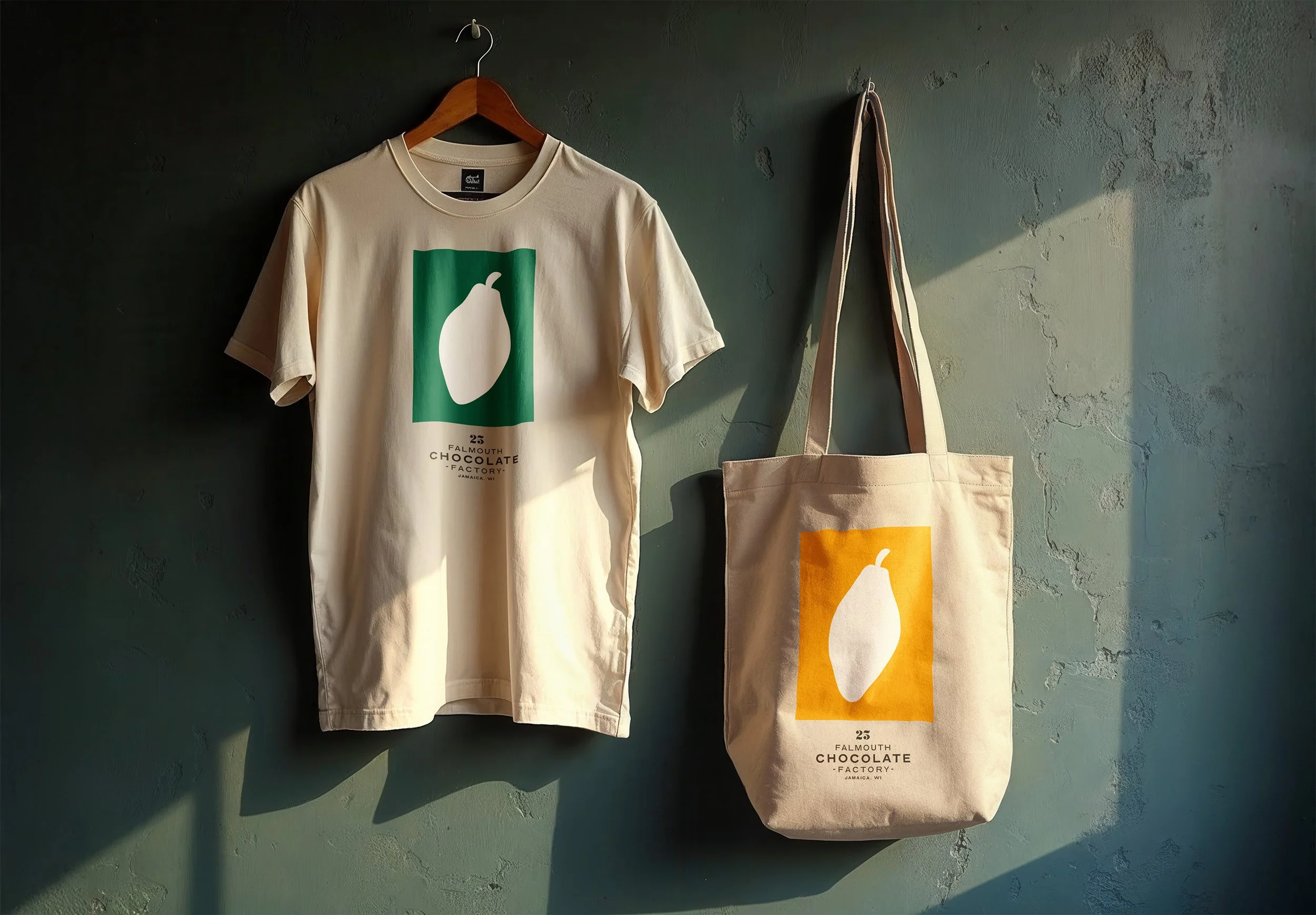 T-shirt and tote bag hanging on a textured green wall, both with a large white fruit graphic and text reading '25 Falmouth Chocolate Factory, Jamaica, WI', illuminated by sunlight.