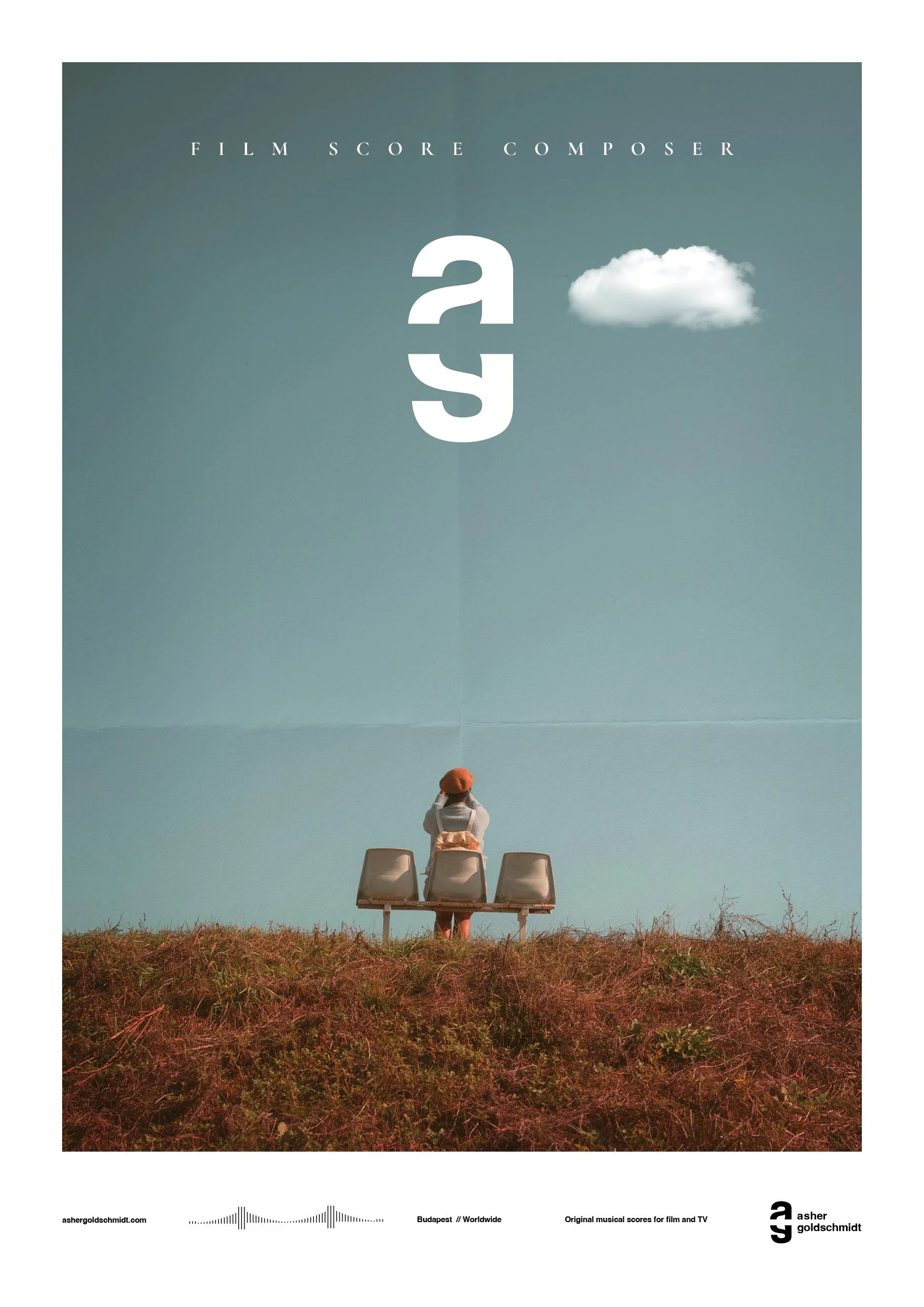 A vintage-style film poster showing a person sitting on a bench looking at the sky with a small cloud, with the words 'Film Score Composer' at the top, the letter 'a' in large font, and small print at the bottom including a website, location, and the