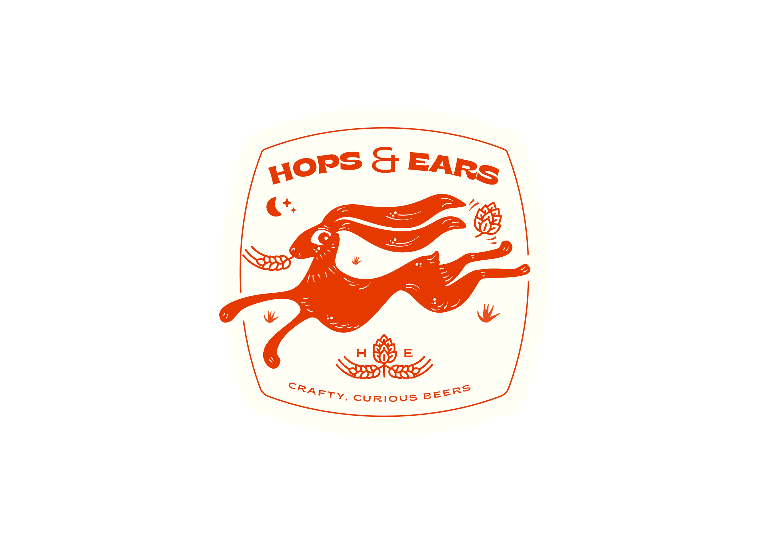 Logo design for Hops & Ears featuring a stylized orange hare holding a hop cone in its mouth, surrounded by small hops and crescent moon elements, with the text "Hops & Ears" and the tagline "Crafty, Curious Beers".