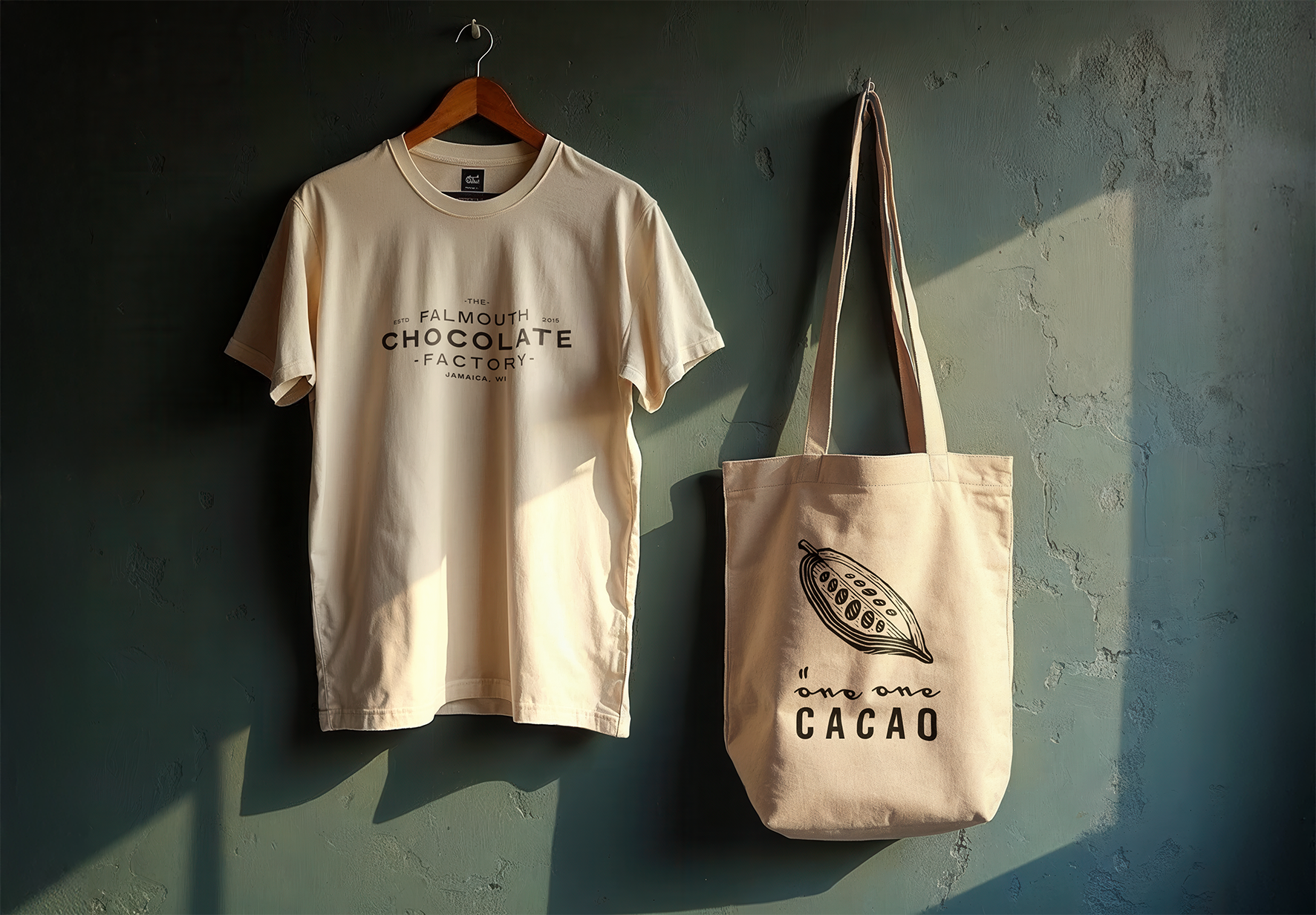 T-shirt and tote bag hanging on a textured green wall, both with a large white fruit graphic and text reading '25 Falmouth Chocolate Factory, Jamaica, WI', illuminated by sunlight.