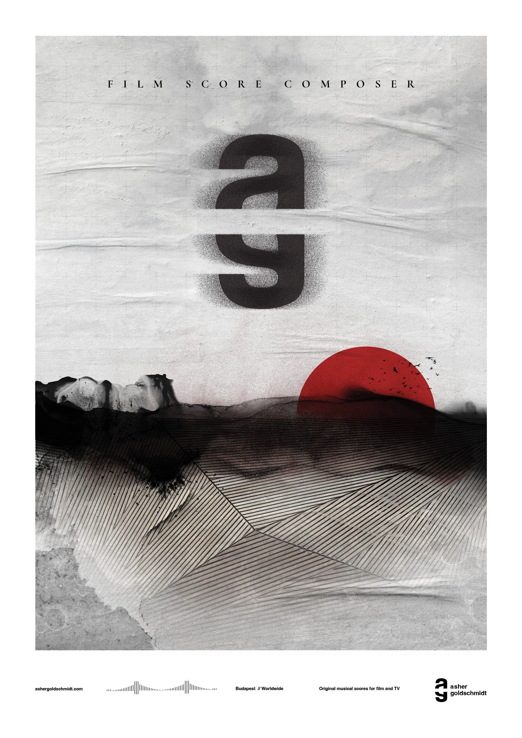 A stylized poster for a film score composer with the word 'age' in large black letters, a red sun, a bird flying, and abstract landscape elements in black and gray, with text reading 'Film Score Composer' at the top.