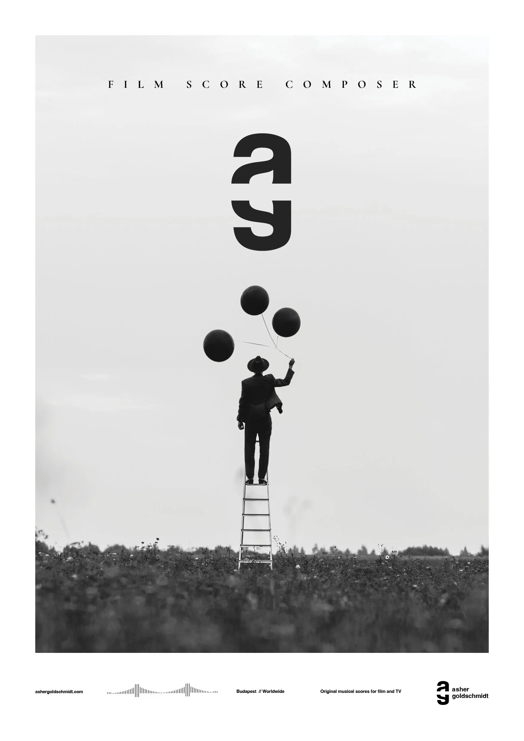 Black and white movie score poster showing a person standing on a ladder holding balloons, with the title and other details at the top and bottom.