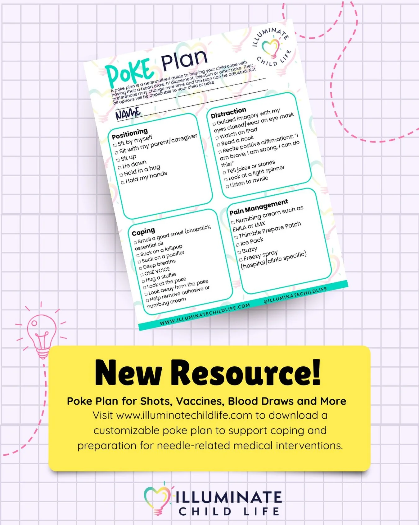 A poke plan looks different for every child and their needs related to support, coping and pain management. This printable is an easy way to help your child feel empowered, involved and prepared for what to expect for a needle related intervention. T