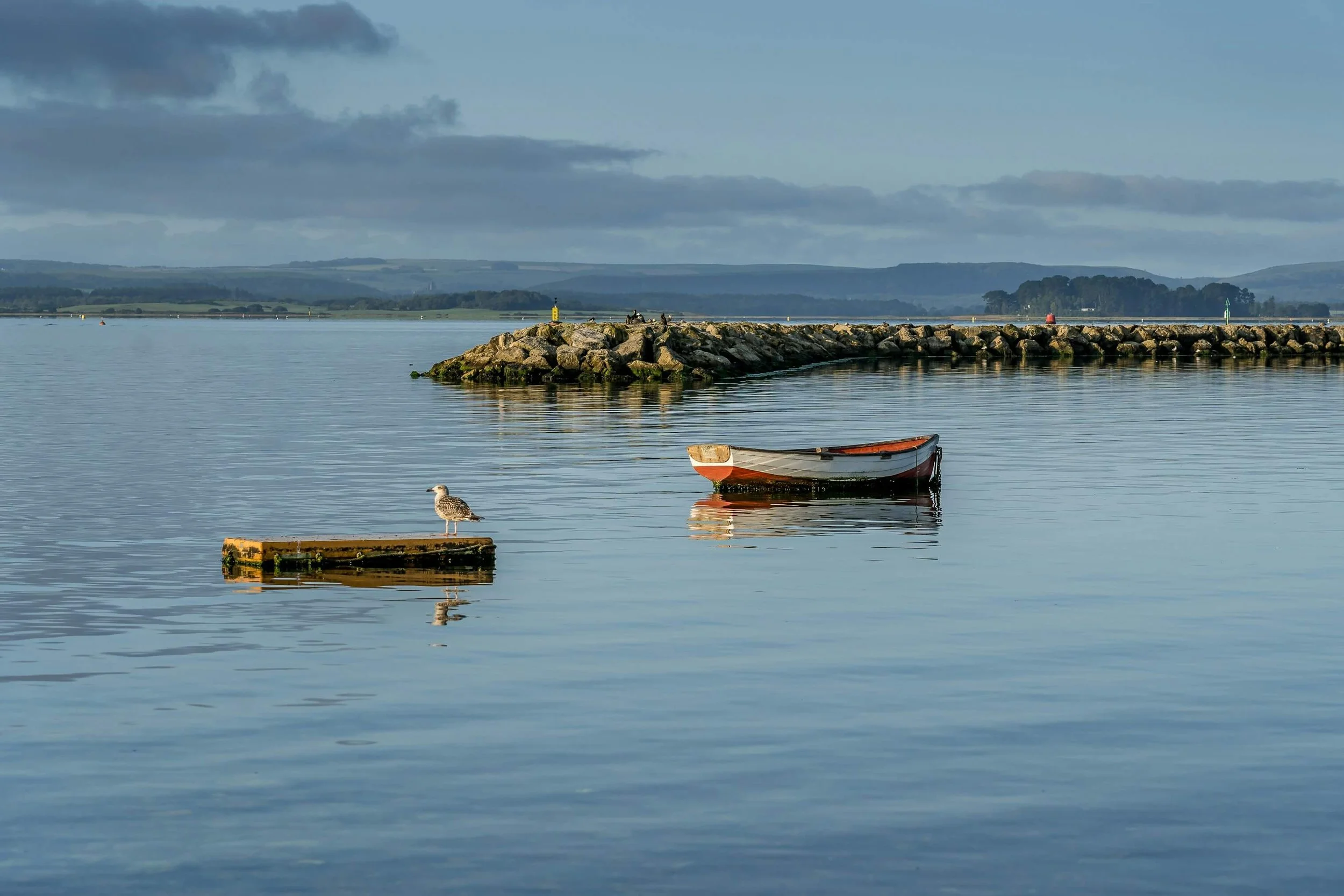 A calm body of water in West Sussex, with boats and a shore