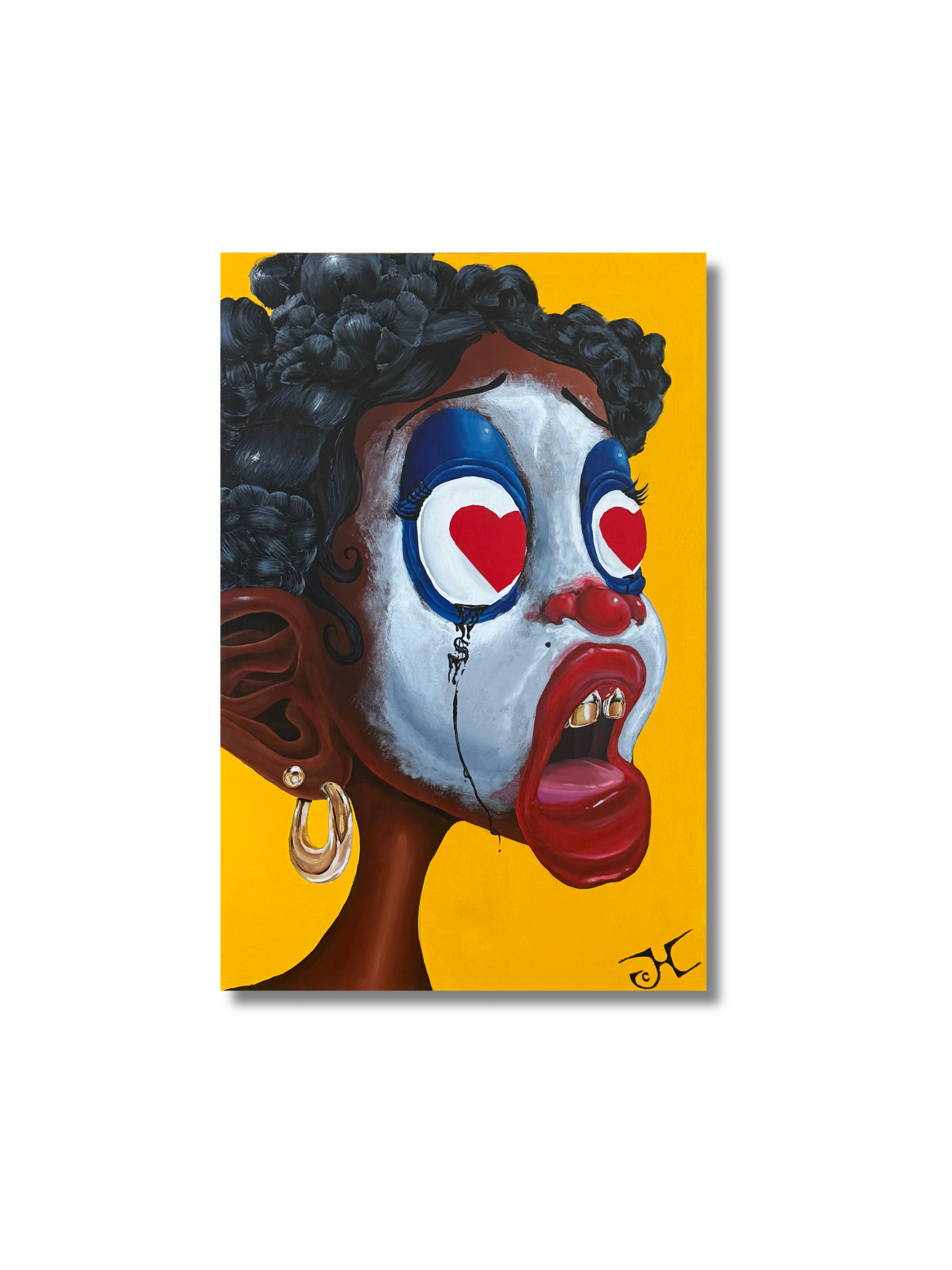 Josiah Harris beranted acrylic girl female woman clown painting with black tear drop down her face and gold teeth hoop earrings