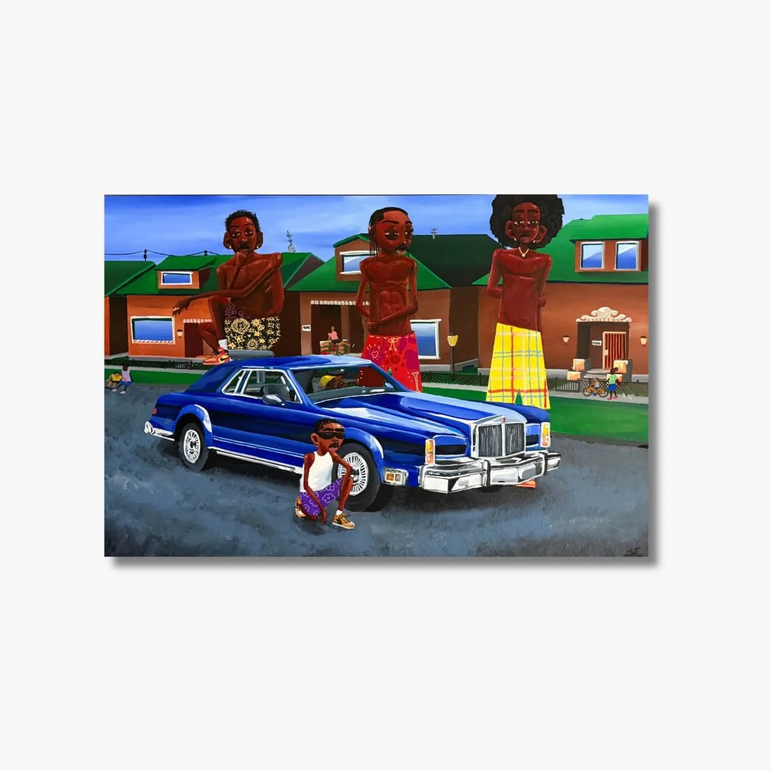 JOSIAH HARRIS BERANTED PAINTING OF THREE GIANTS IN THE CHICAGO SUBRUBRS WITH A BLUE CAR IN FRONT