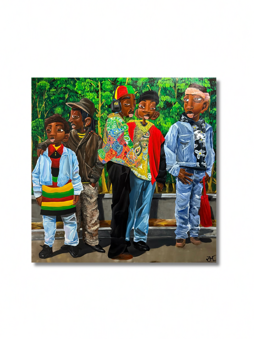 A Tribe called Quest by Beranted Josiah Harris acrylic on canvas painting of 5 young men in the 90s, African Americans  in colorful fits with trees behind them