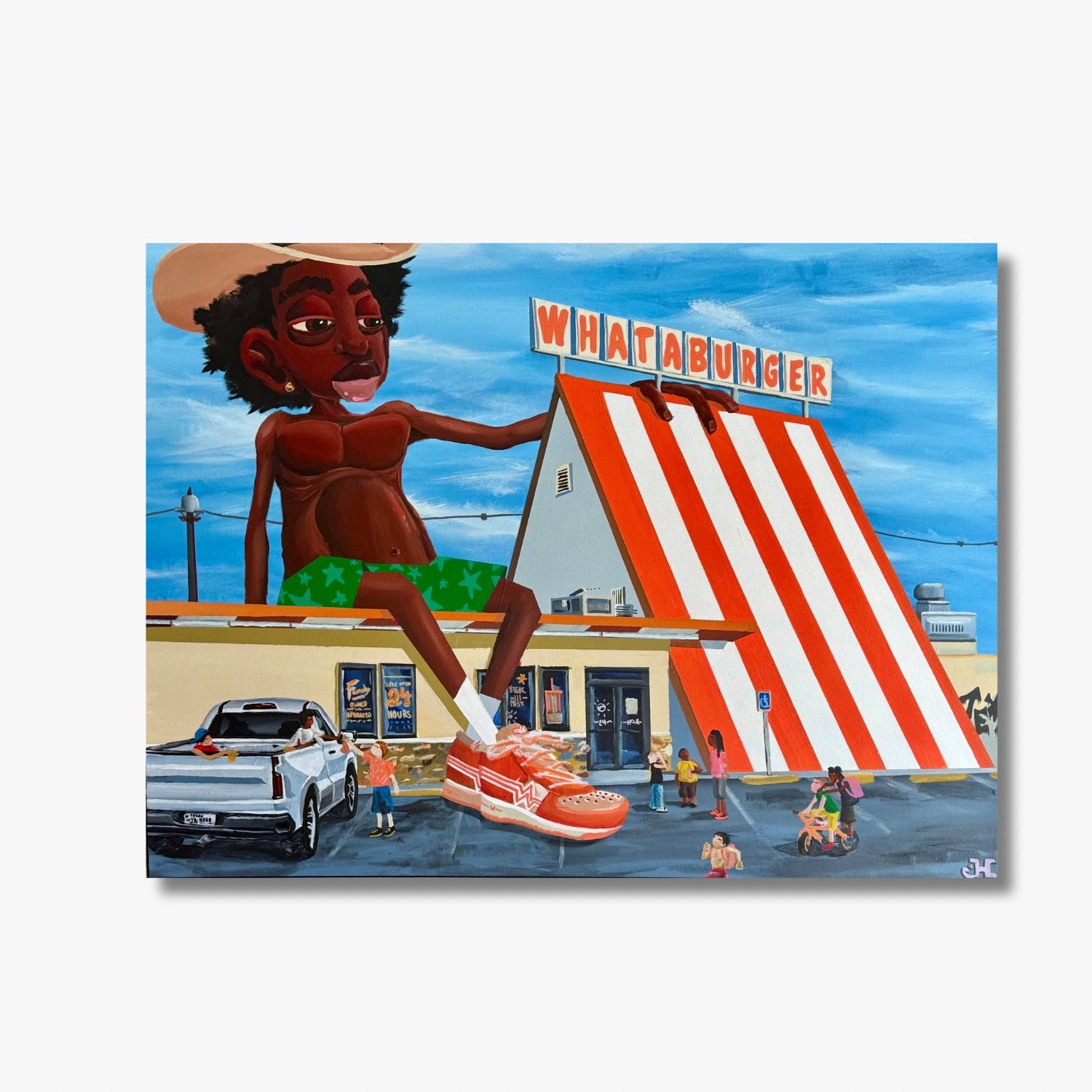 Beranted Josiah Harris painting of whataburger collaboration black kid on whataburger building