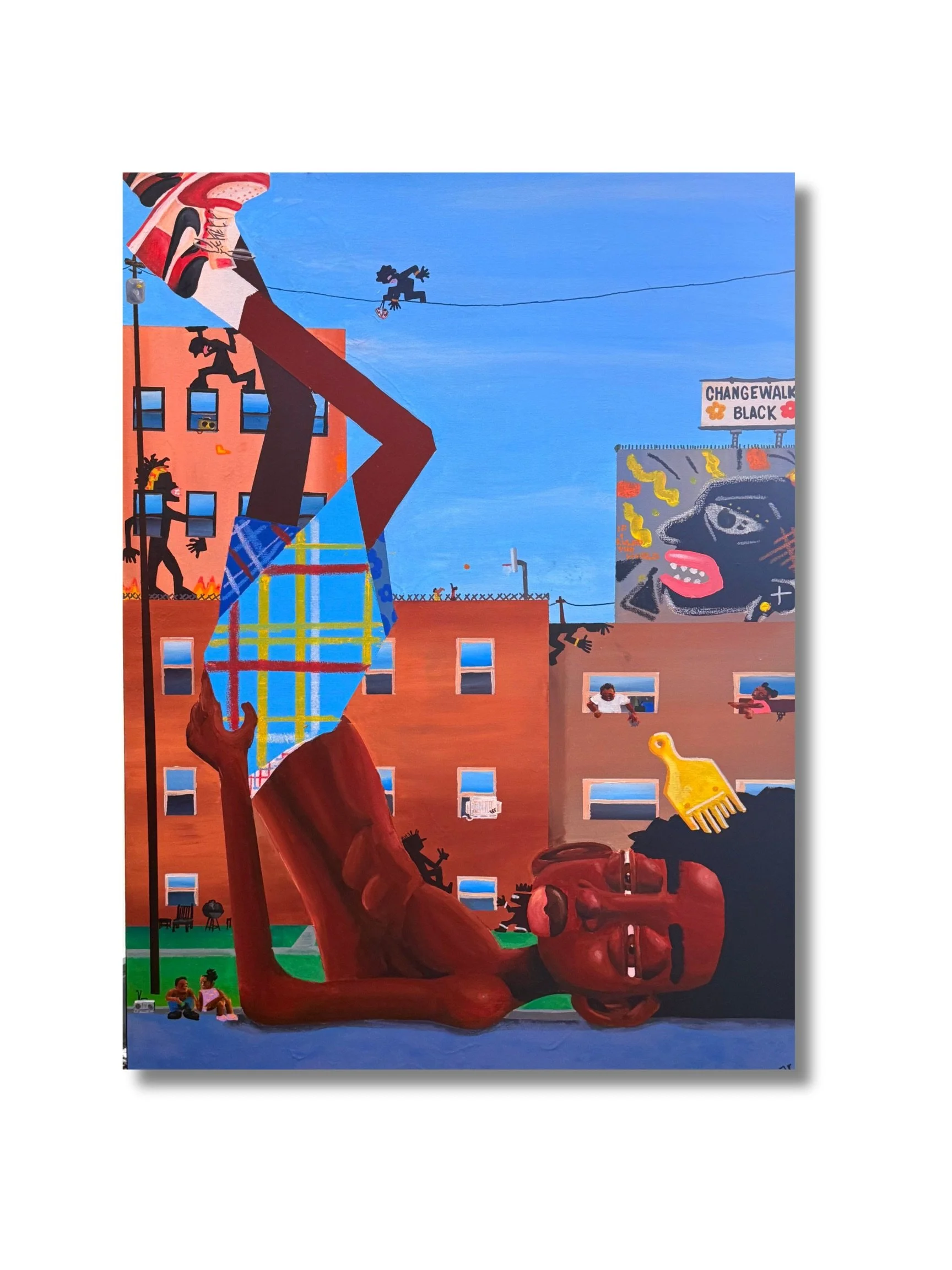 Josiah Harris acrylic on canvas painting of a giant kid laying on the street in the projects buildings with his feet in the air Jordan 1 painting beranted