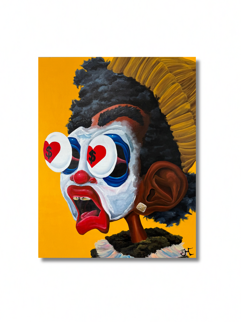Josiah Harris Beranted clown acrylic on canvas clown painting with gold teeth and hearts popping out of his eyes, fools gold African American black pop culture painting