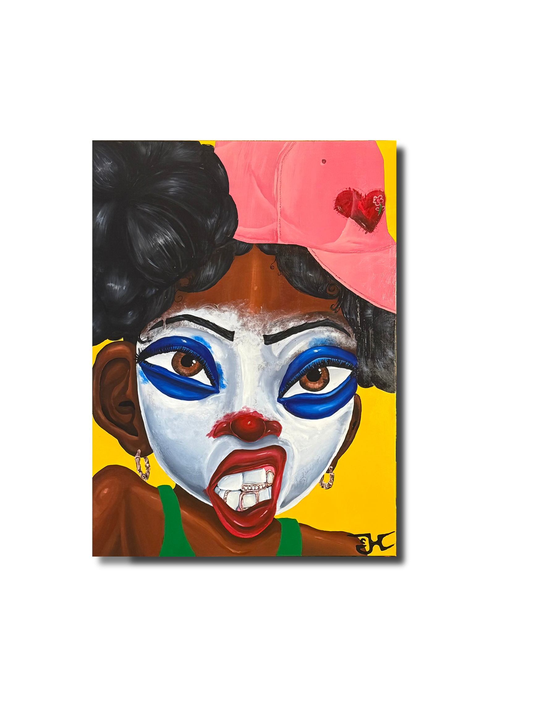 Josiah Harris beranted acrylic on canvas clown girls painting with Big B roses pink gold 