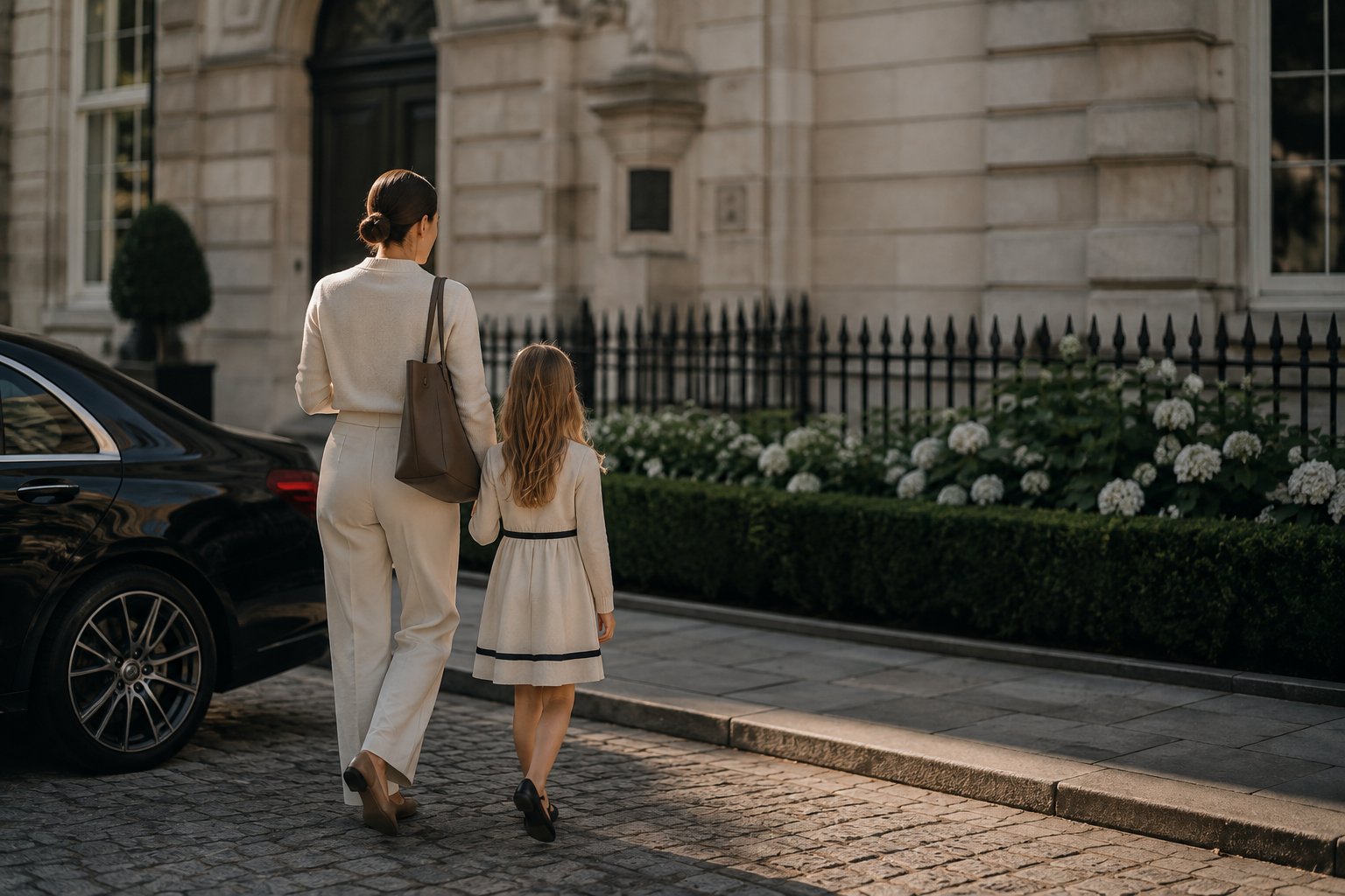 A woman and a young girl walk hand in hand on a cobblestone street in front of a grand building with flowers and black iron fencing.