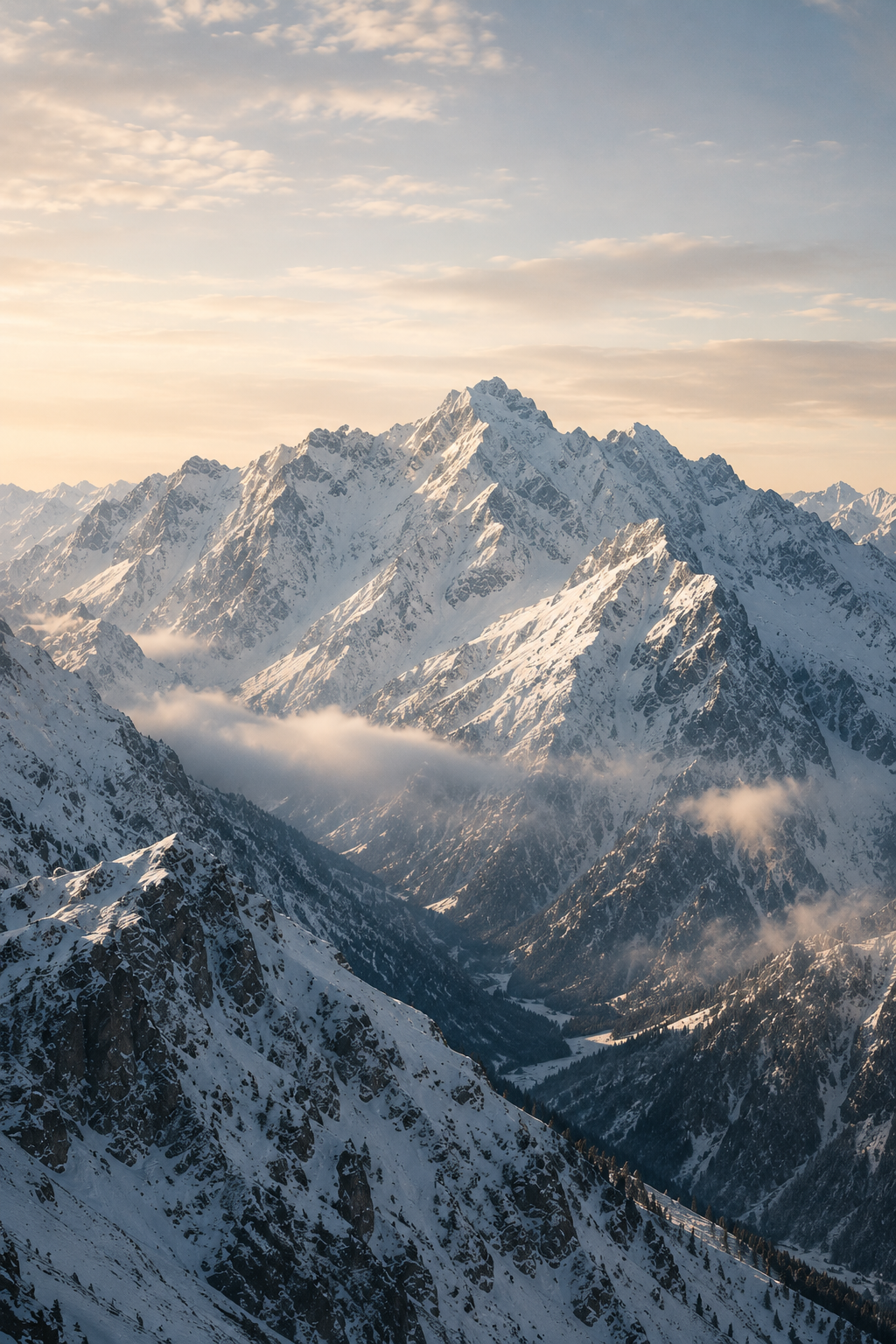 Snow-covered mountain range under a partly cloudy sky at sunrise or sunset.
