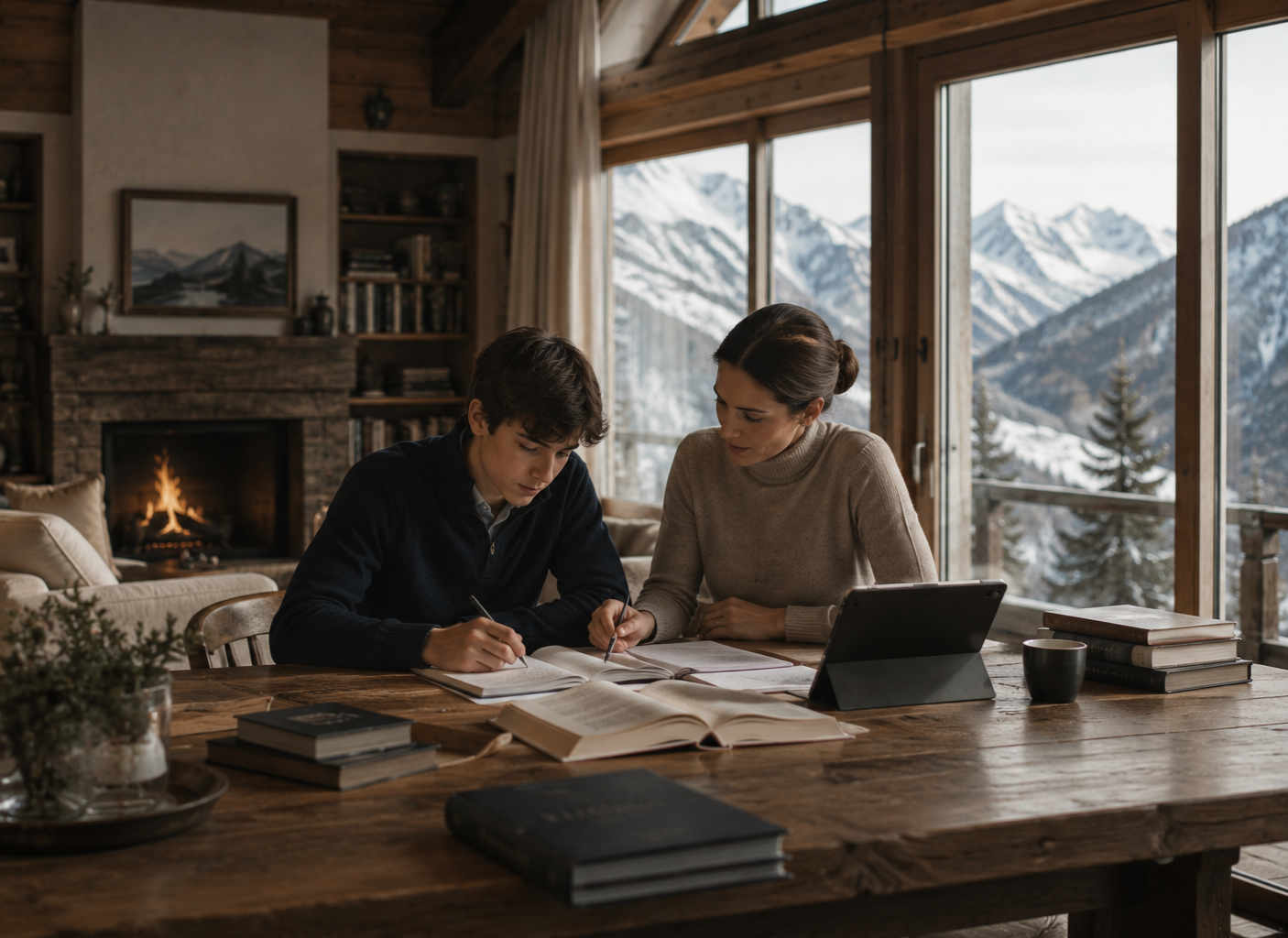 A private tutor works with a student in a chalet in Switzerland