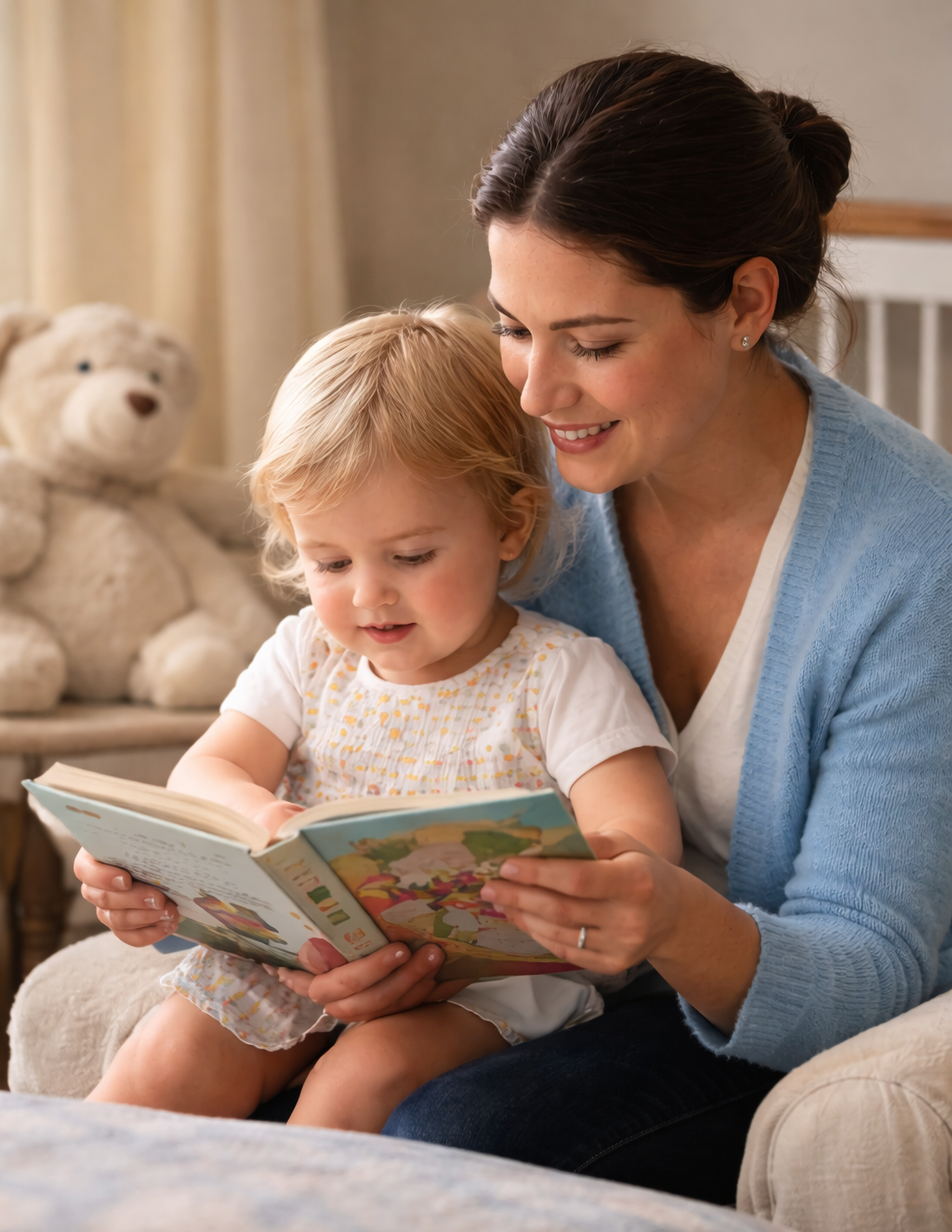 A nanny reads to a todler