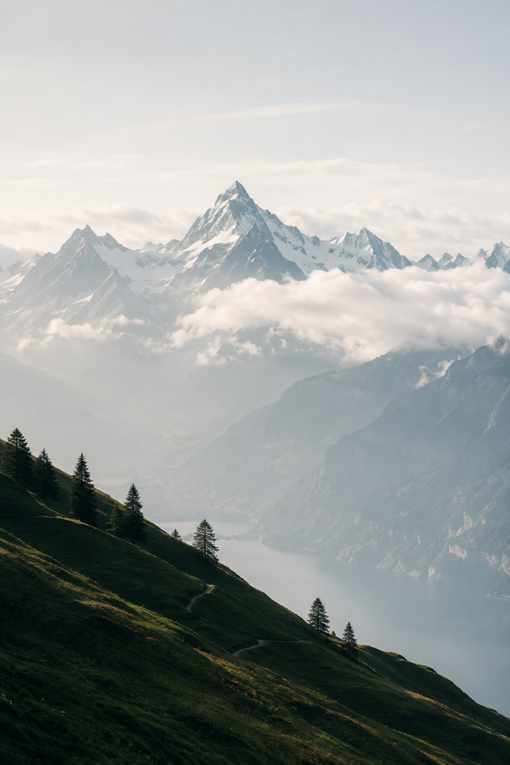 Snow-capped mountains rising above clouds, with a green hillside and a lake below.