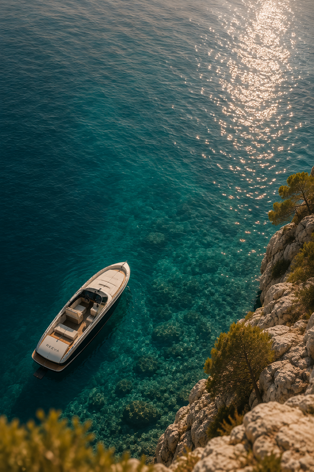 A white boat named REEVA floating near a rocky cliff with green shrubs, in clear blue water reflecting sunlight.