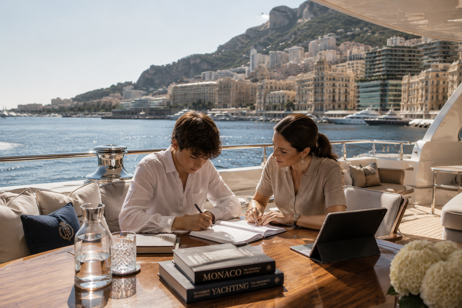 Private tutor works with a student on a yacht in Monaco