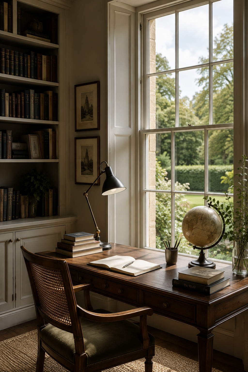 A cozy home office with a wooden desk by a large window overlooking a green garden. The desk has an open book, a globe, a stack of books, and a small plant. A black desk lamp and framed artwork are on the desk and wall, with built-in bookshelves filled with books behind.
