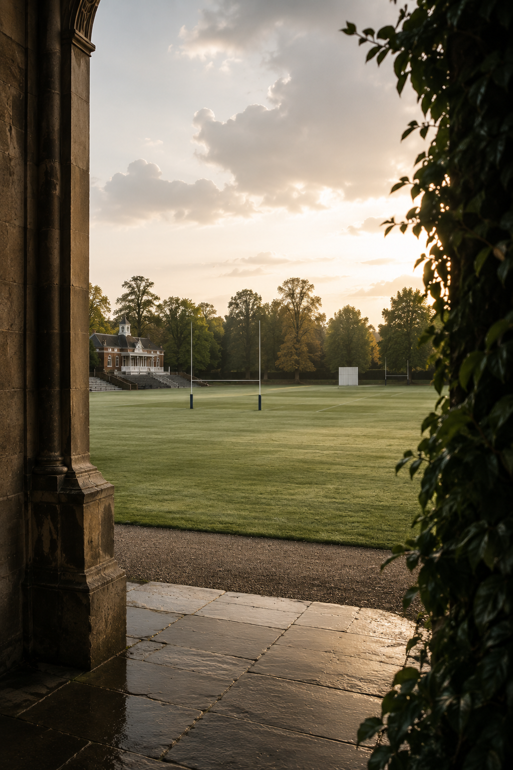 View of a grassy rugby field with goalposts, a white clubhouse, and trees in the background, seen through an arched stone doorway with wet stone floor and leafy plants on the side during sunset.