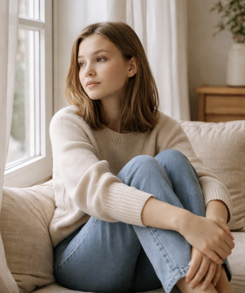 Therapy for children, teens, and adults in San Clemente, shown through a thoughtful young woman looking out a window in a calm, natural-light setting.