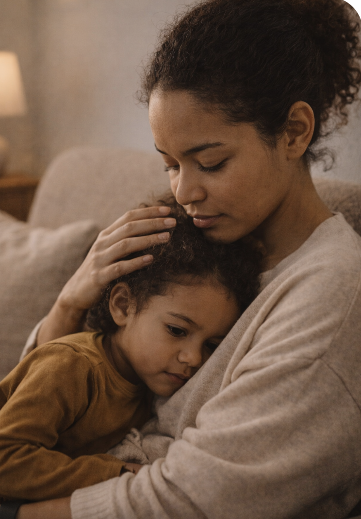 Maternal mental health support in San Clemente, shown through a mother holding her young daughter in a calm, nurturing moment.