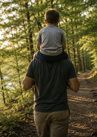 Father carrying a child on his shoulders while walking on a wooded trail, representing connection and attachment.