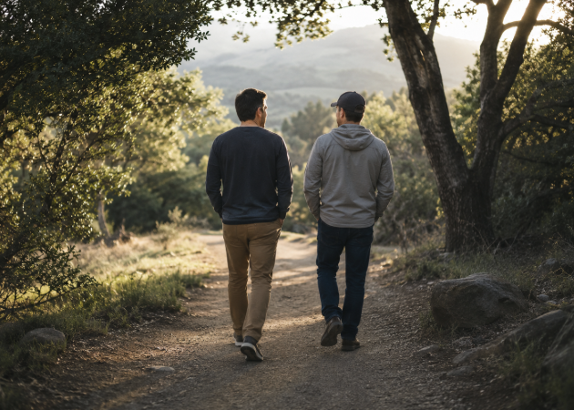 Two men walking together on a wooded trail, representing connection, communication, and systems-focused therapy.
