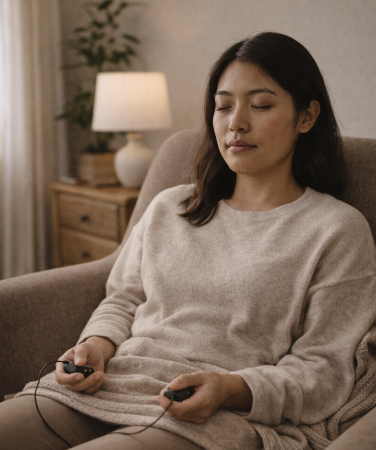Trauma-informed EMDR therapy in San Clemente, shown through a woman with her eyes closed holding EMDR tappers in a warm, calming room.