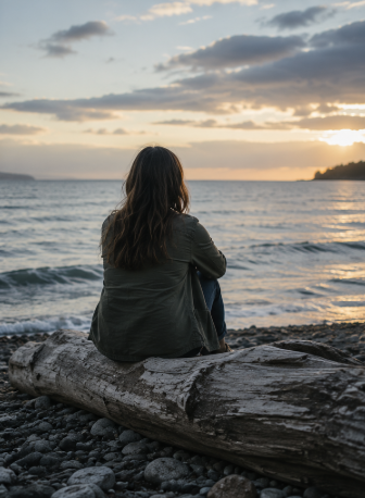 Person sitting on driftwood by the ocean at sunset, reflecting on identity, faith transitions, and major life changes.