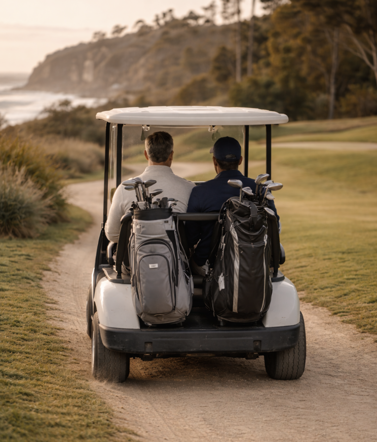 Golf therapy for men and professionals in San Clemente, shown through two men riding in a golf cart on a coastal golf course.