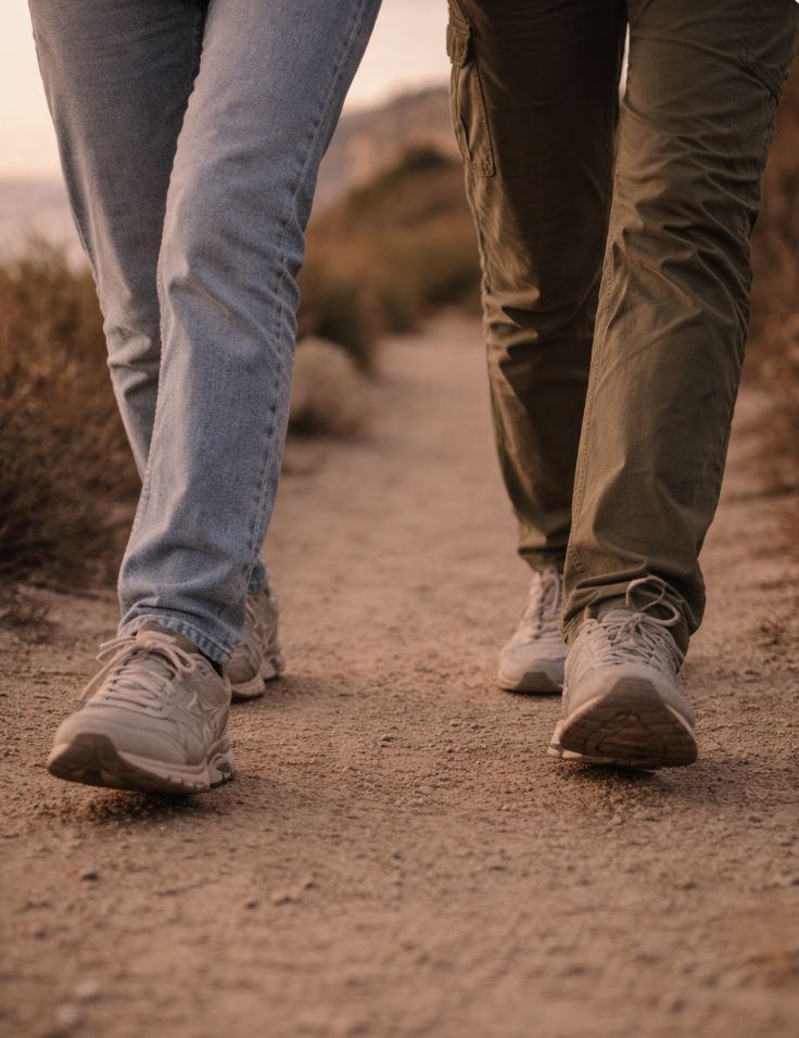 Outdoor walking therapy in San Clemente, shown through two people walking side by side on a natural path during a therapy session.
