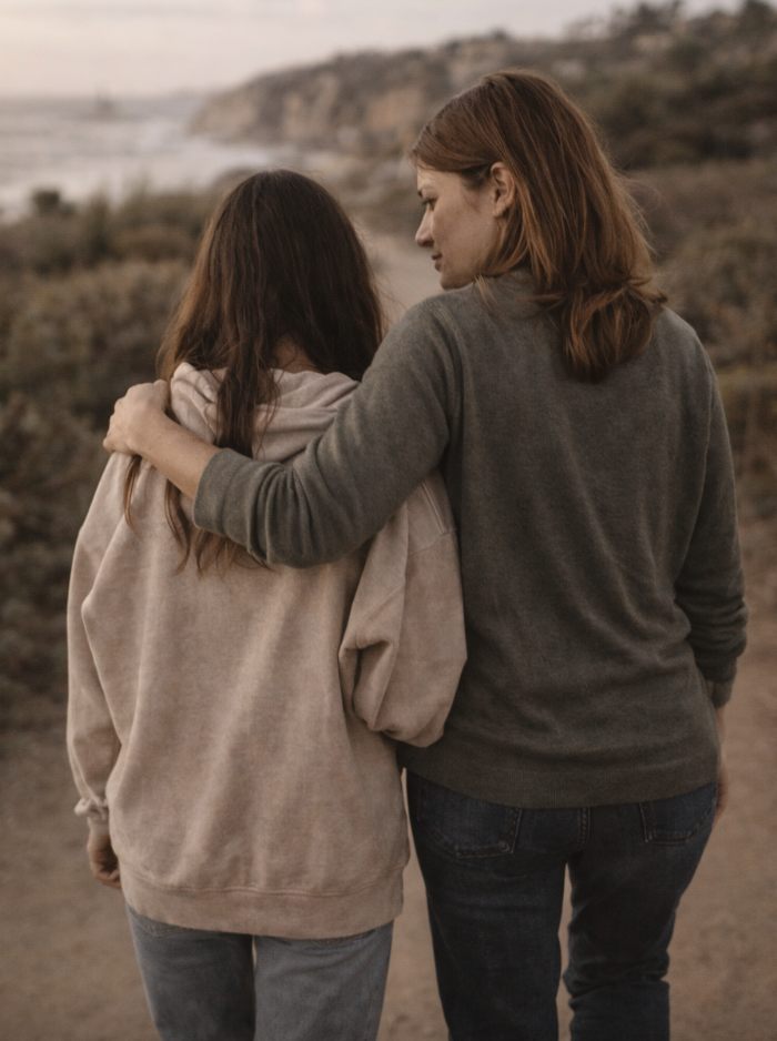 Parent support and therapy for self-harm in San Clemente, shown through a mother and teen daughter walking together in a calm, supportive moment.