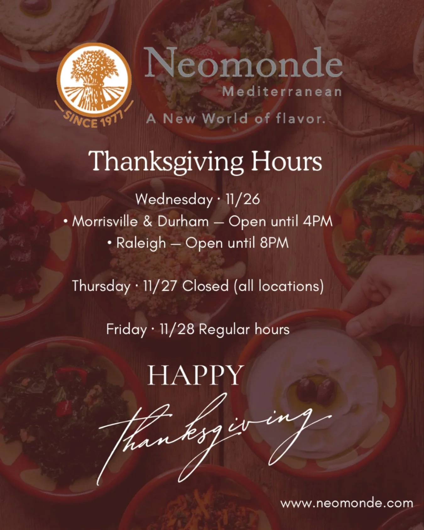 ✨Happy Thanksgiving from our Neomonde family to yours 🧡🕊️
We&rsquo;re grateful for our community, our guests, and our amazing team who make everything we do possible.

We will be closed on Thanksgiving Day as our team spends time with their loved o
