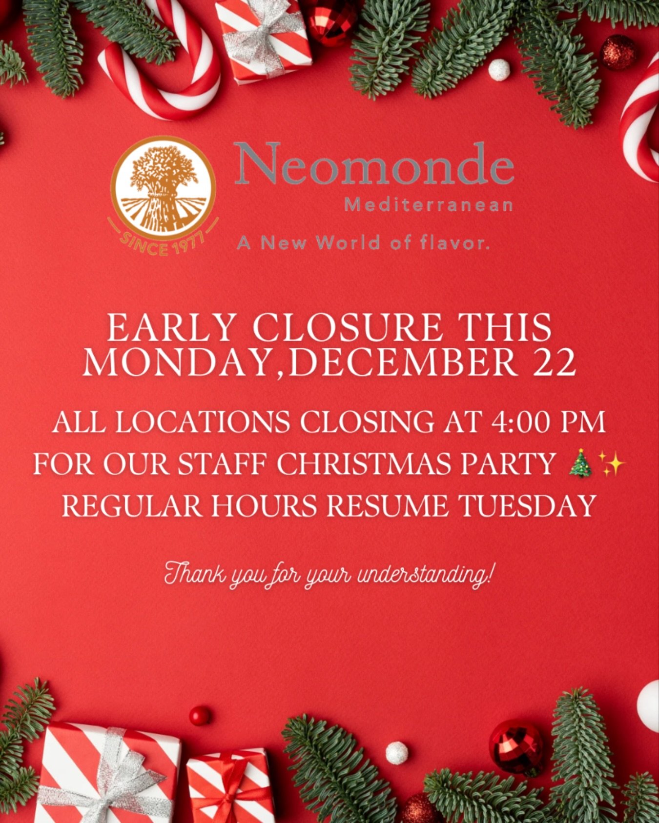 A little holiday cheer behind the scenes 🎄✨
This Monday, all Neomonde locations will close early at 4:00 PM as we celebrate the season with our incredible team.
We&rsquo;re grateful for the people who make everything we do possible &mdash; and we&rs