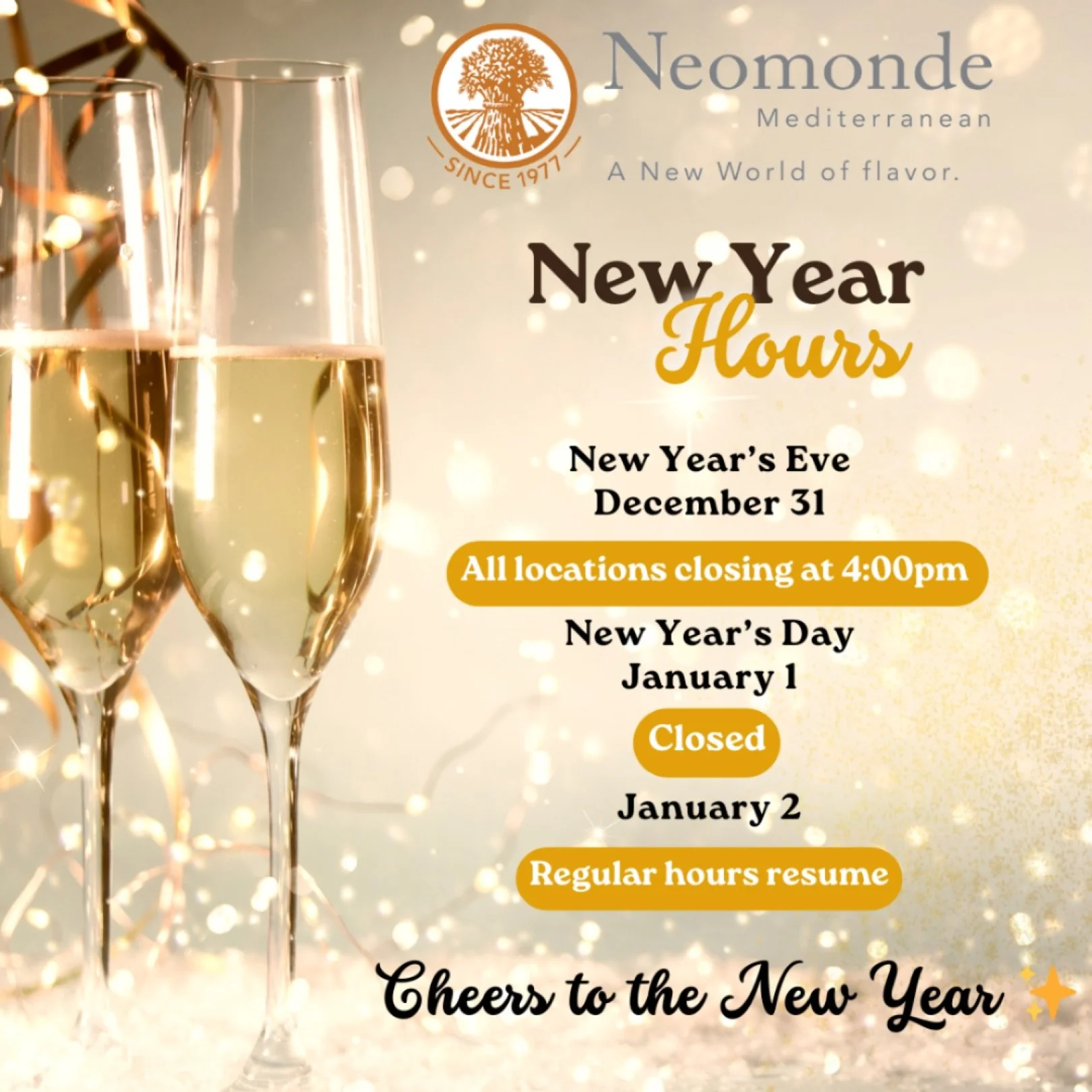 New Year&rsquo;s hours ✨
Wishing everyone a happy, healthy start to the year ahead ✨🥂

#newyear #2026#cheers #newbeginnings #neomonde