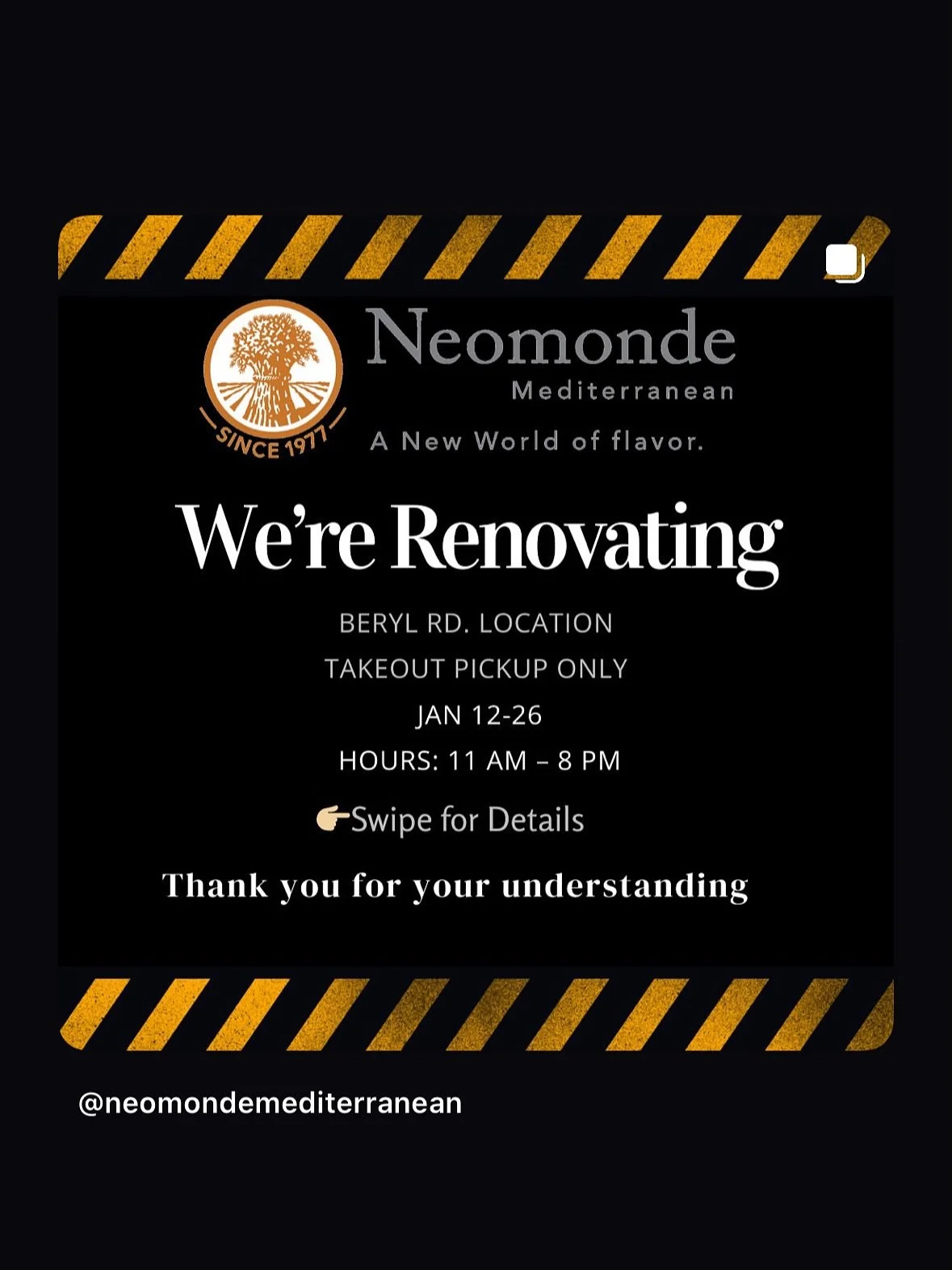 🚧Renovations start today!
We&rsquo;re still open for takeout &amp; catering while we update our restaurant!  January 12&ndash;26.

Thank you for supporting us, 
we can&rsquo;t wait to welcome you back💛

#supportlocal #localrestaurant #takeout #lunc