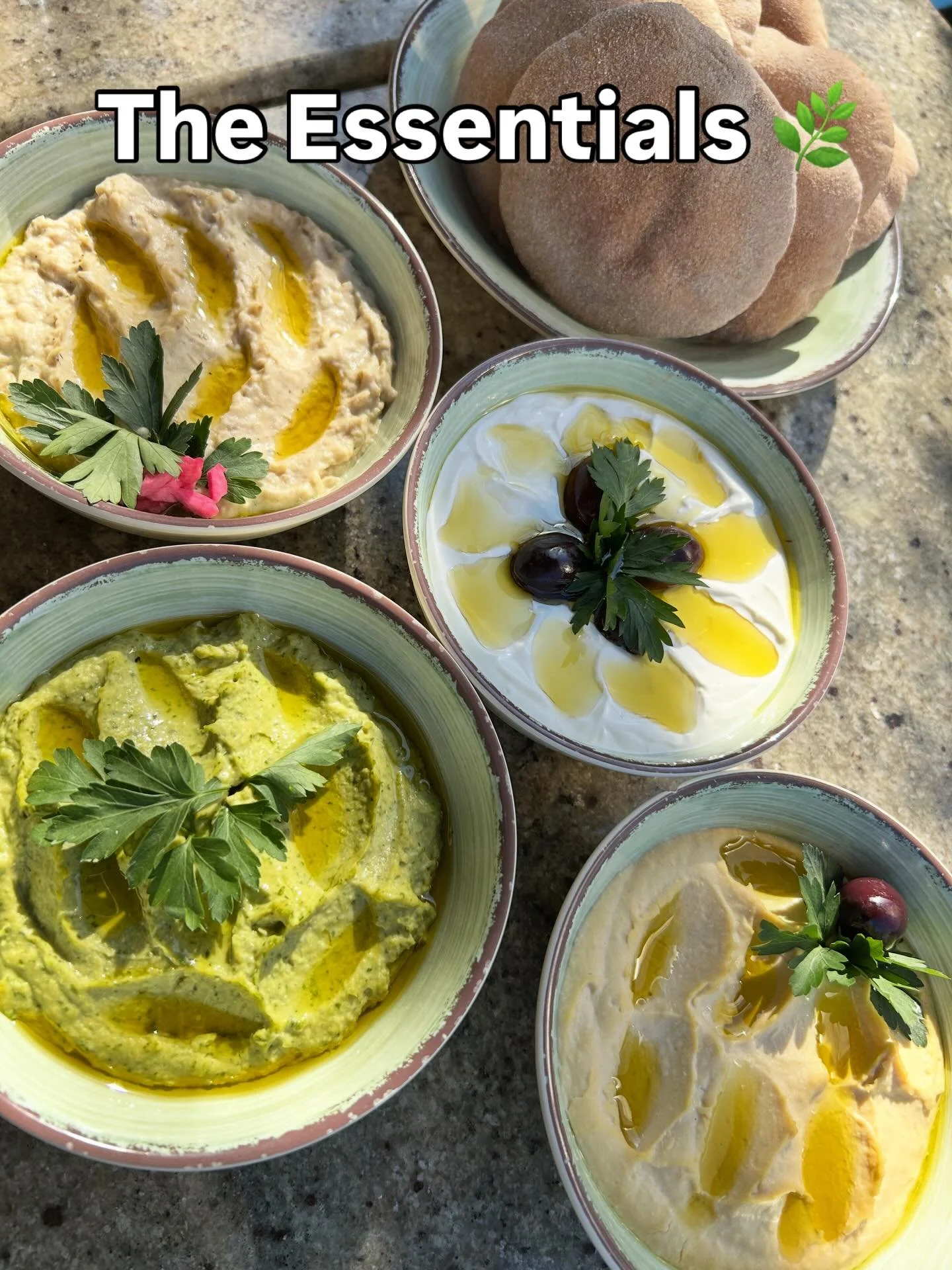 The Essentials 🌿

Creamy Dips, Warm Pita - dip, scoop, repeat. 
Come get into it ✨

#foodie #foodgram #essentials #dips #mediterranean