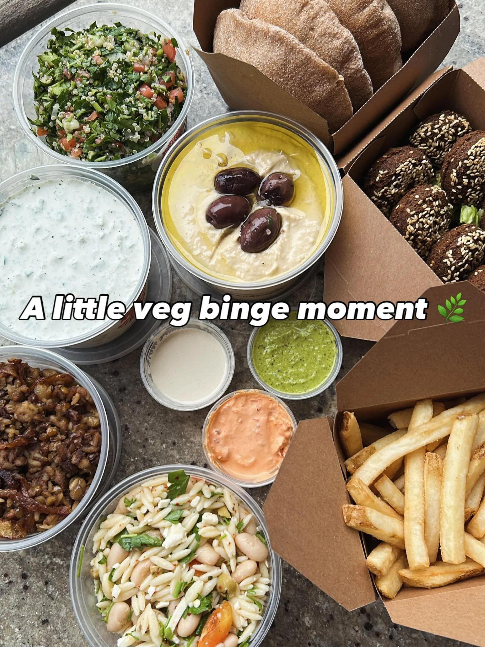 A little veg binge moment 🌿✨

Crispy falafel, creamy hummus, warm pita, bright salads, fries, and all the dips. Fresh, filling, and far from boring ! 🥙 

Come by and build your perfect spread today. 

#vegetarian #mediterranean #lebanese #foodie #f