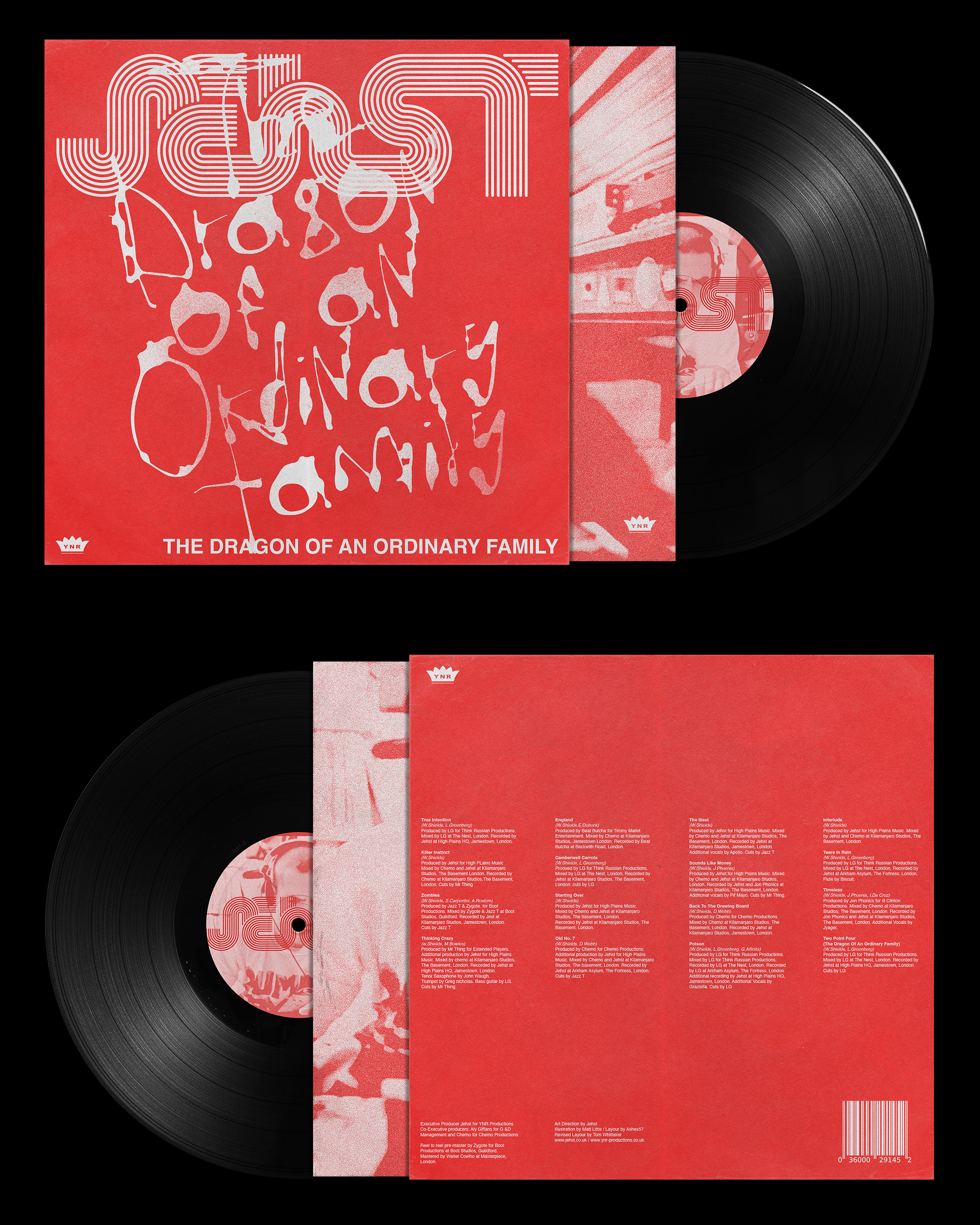 Red album cover with abstract design and text that says "The Dragon of an Ordinary Family," featuring a vinyl record partially visible. Back cover shows tracklist and credits in white text.