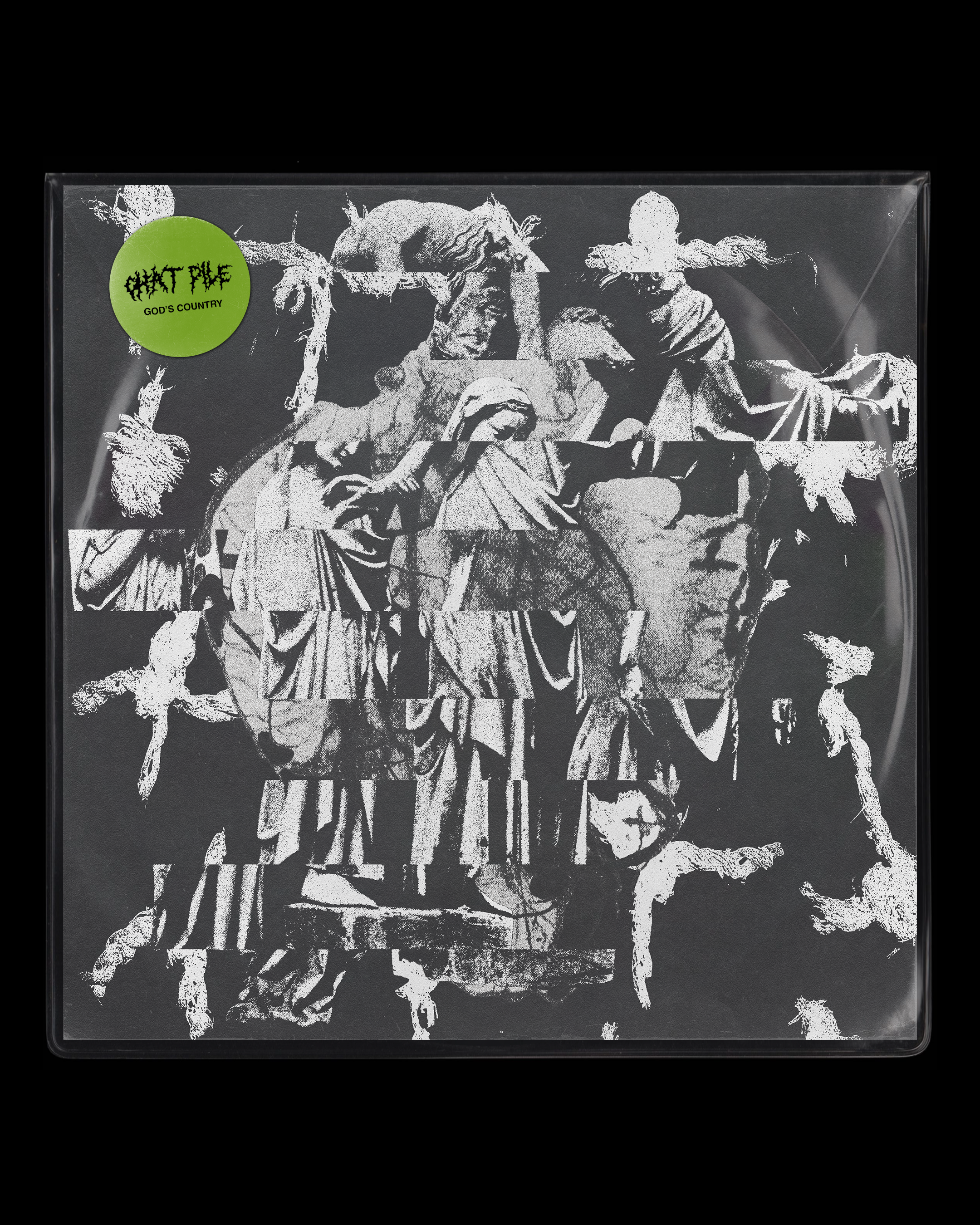 Artistic album cover with fragmented monochrome figures and draped clothing, featuring a green circular label in the top left corner.