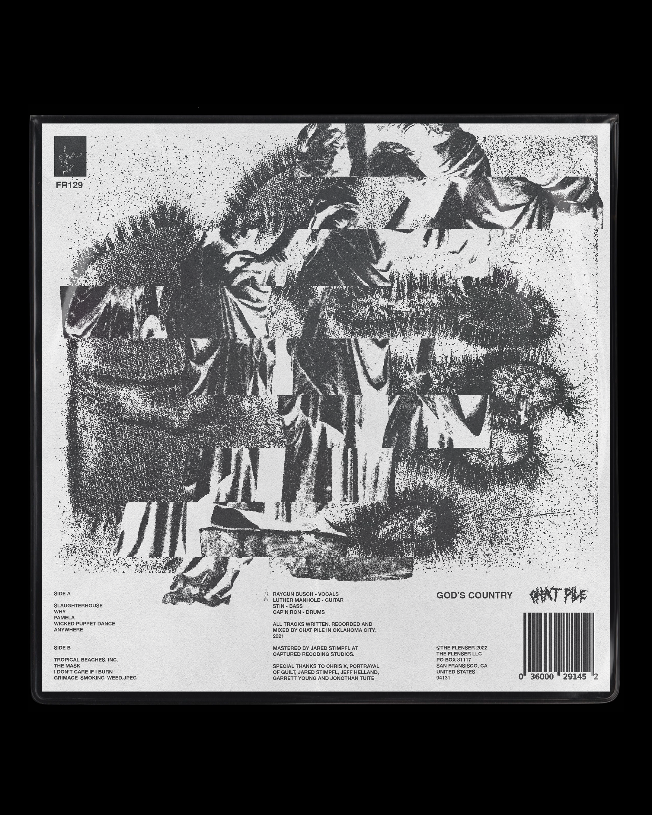 Black and white abstract artwork with text details of a music album, including tracklist and credits, titled "God's Country" by Chat Pile. There's a visible barcode at the bottom right corner.