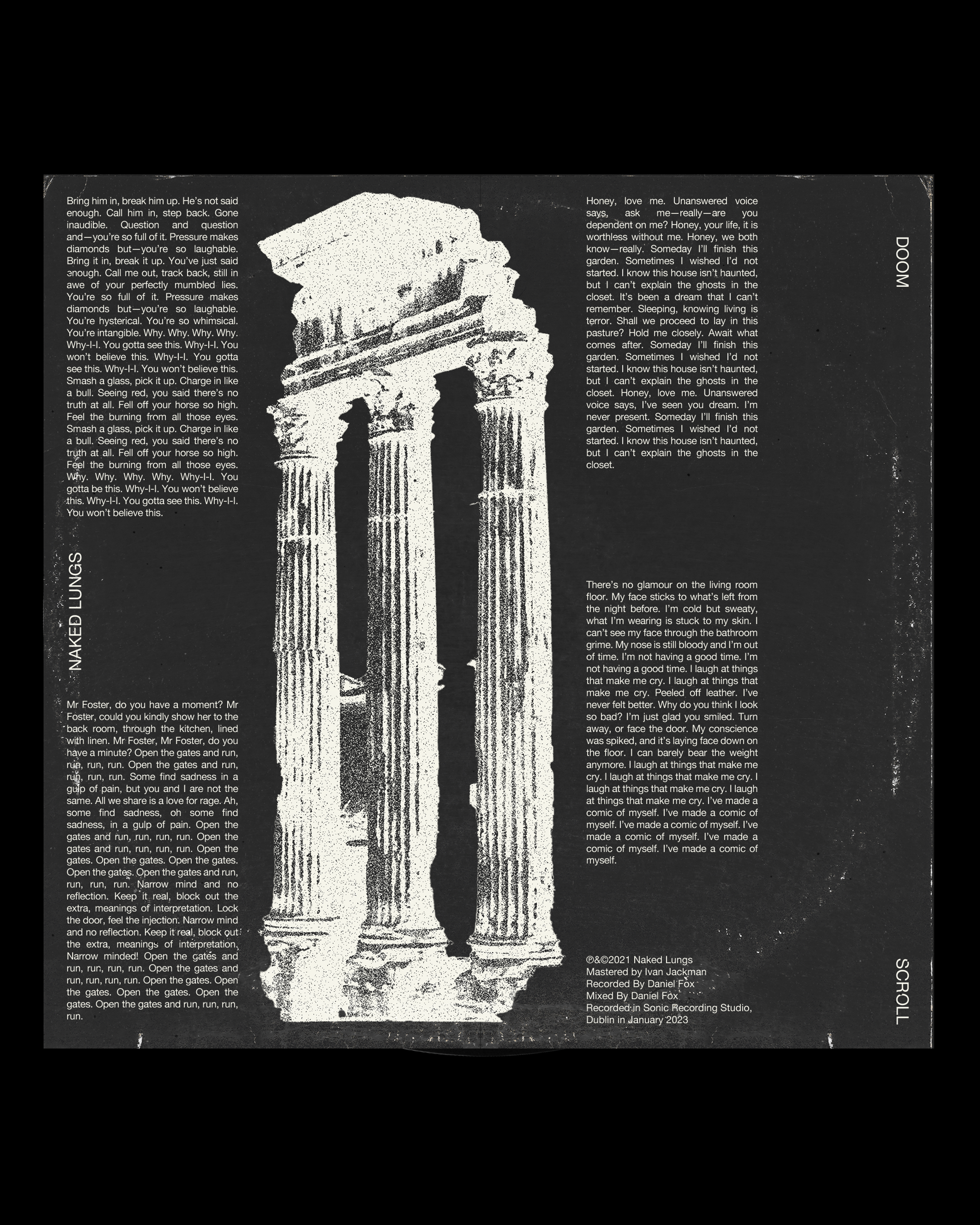 Cover art featuring ancient Roman-style columns and text. The background is dark with white text from Naked Lungs' "Doom," including credits for mastering and recording in Dublin, 2023.