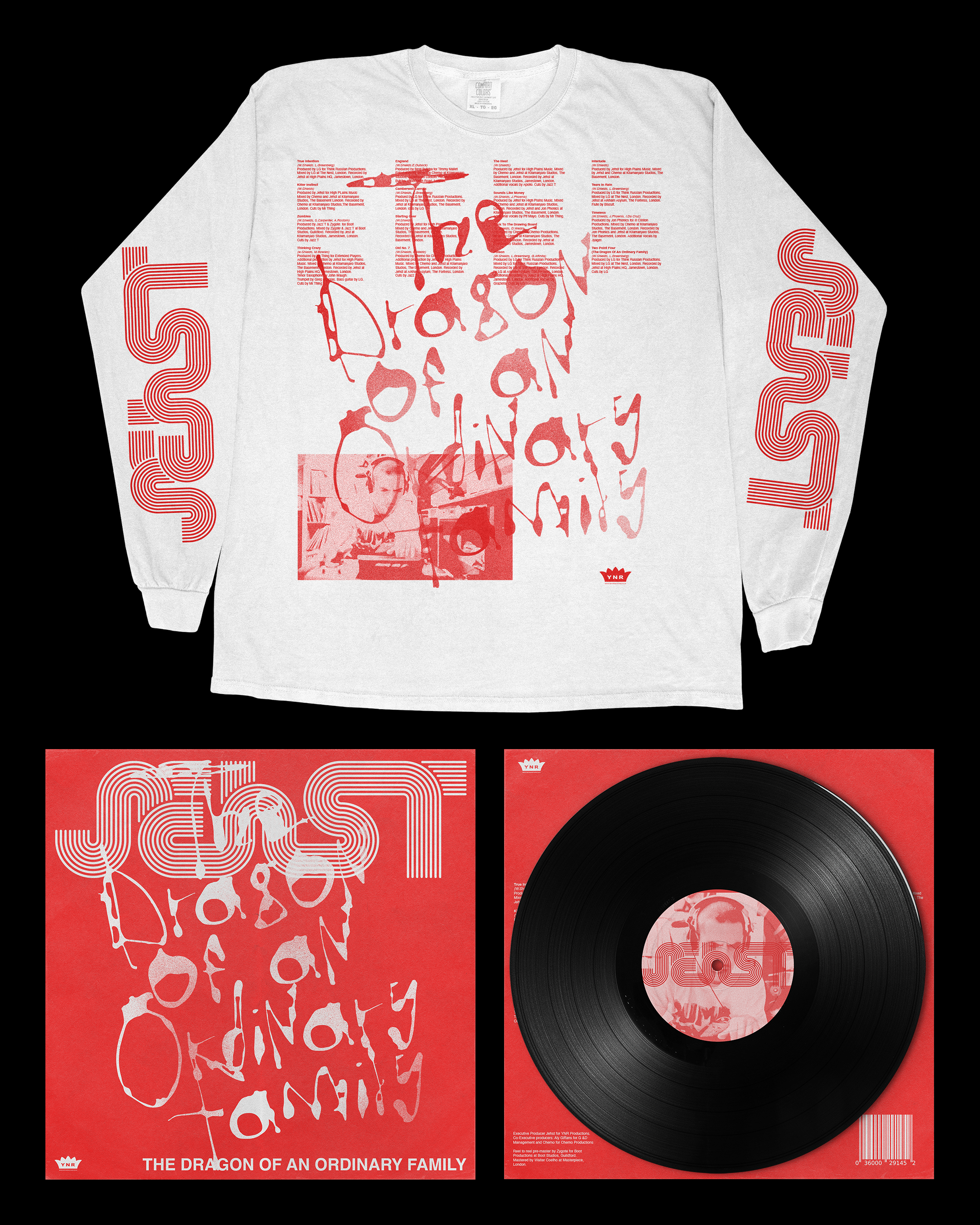 White long-sleeve shirt with red text "The Dragon of an Ordinary Family," red graphics and song lyrics, sleeves with red patterns. Below are a red album cover with similar text and a black vinyl record.