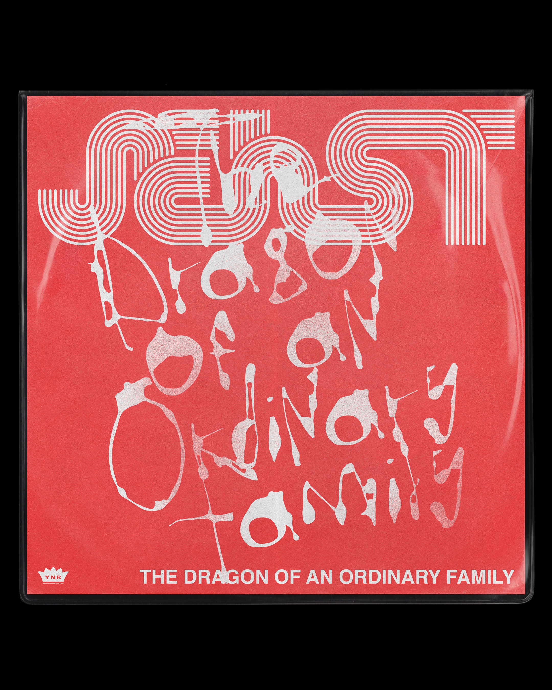 Red album cover with abstract white text design, reading "The Dragon of an Ordinary Family."